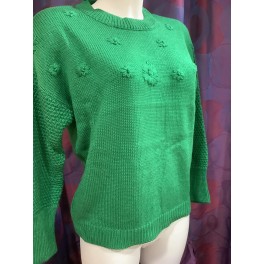 Pull Manches Longues Col Rond Fleurs Brodées Vert