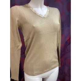 Tee Shirt Manches Longues Cotelé Col V Beige