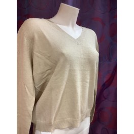 Pull Manches Longues Col V Lurex Beige